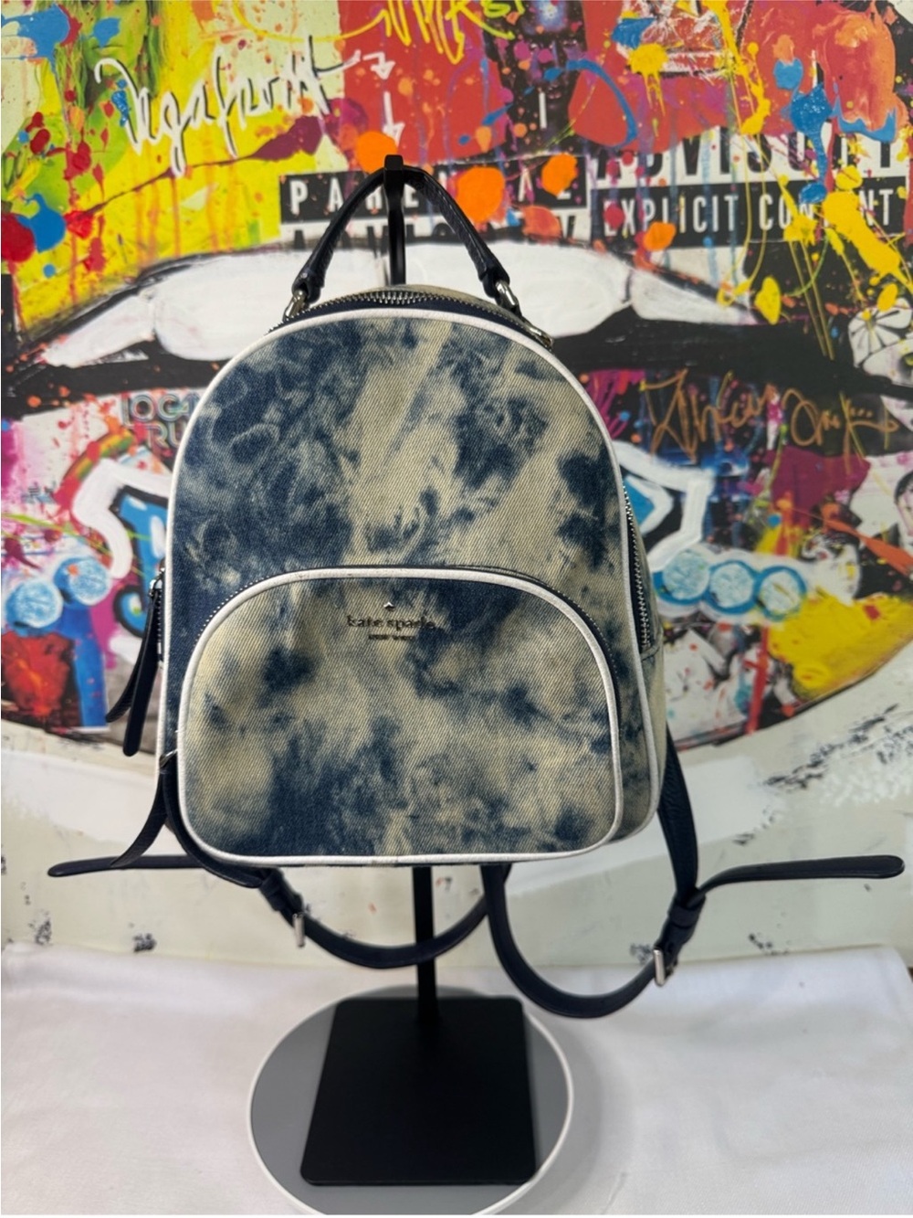 kate spade Navy and White Tie-Dye Denim Mini Backpack - Picture 4 of 16